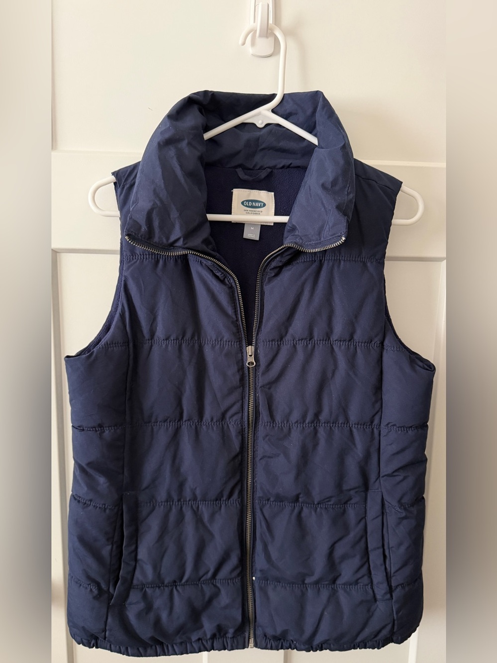 Old Navy Navy Blue Puffer Vest Women’s Medium Fleece Lined Full Zip